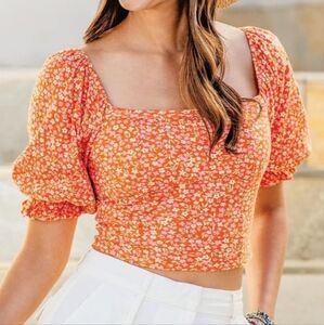 NWT BILLABONG Floral Orange Puff Sleeve Top